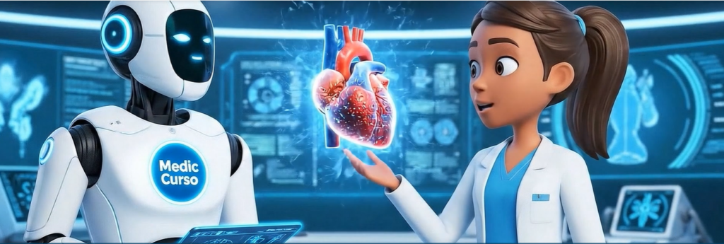 imagem que ilustra um aluno interagindo com um robô da Inteligência Médica do Mediccurso